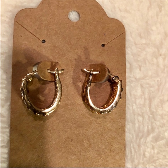 Gold Tone & Rhinestone Small Hoop Latch Back Earrings - Picture 2 of 9